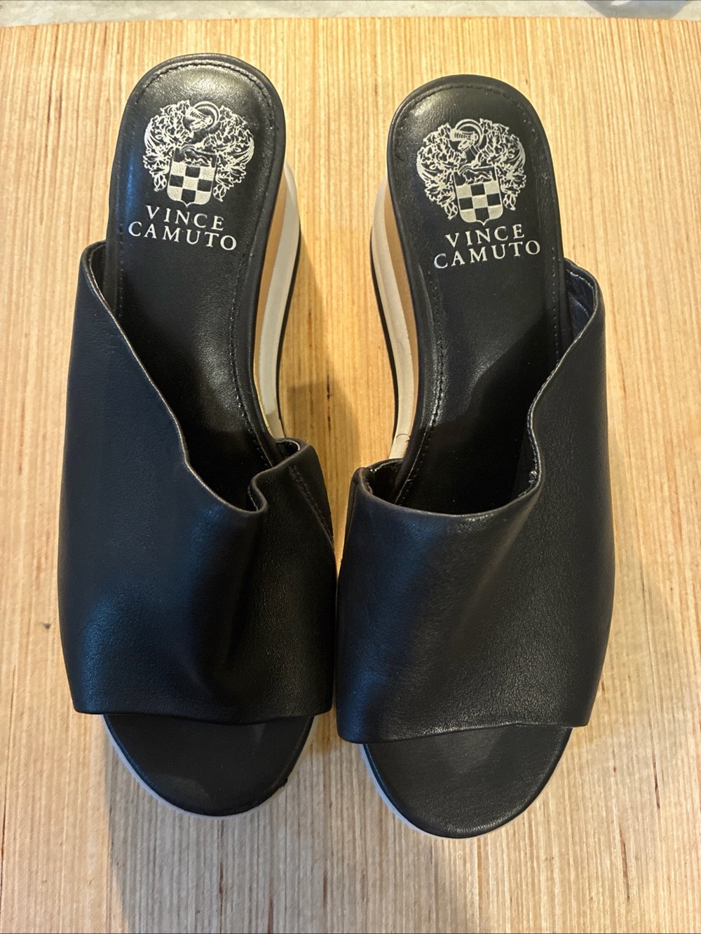 Vince Camuto Black Open-Toe Leather Wedge Mules Size 6.5